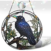 6" Crow Stained Glass Suncatchers Art Glass Ravens for Sun Catcher Indoor Gothic Gifts for Pet Animal Nature Floral Lovers Women Grandma Mom Friend Painted Panel Décor BIRD-04B-SG6