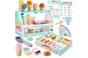 WHOHOLL Wooden Ice Cream Counter Playset for Toddler Girl Toys, Play Store Pretend Toy Food Play Kitchen Accessories with Fake Money & Coin, Gifts for 3+ Year Old Kids (Green)
