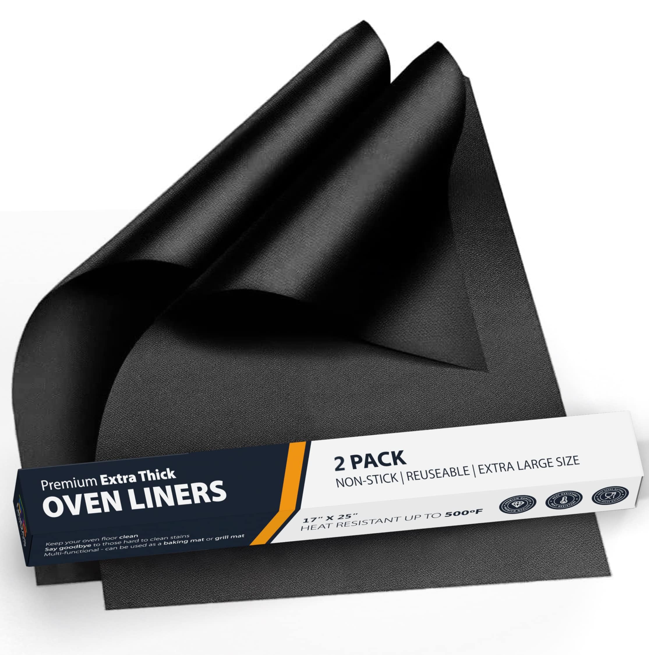 Linda's Essentials Extra Large Oven Liners for Bottom of Oven (2 Pack) - Universal Non-Stick Liner for Fan Assisted Cooking, 63.5 x 43 cm Kitchen Protector Sheets, Save Time & Clean Easily (Black)