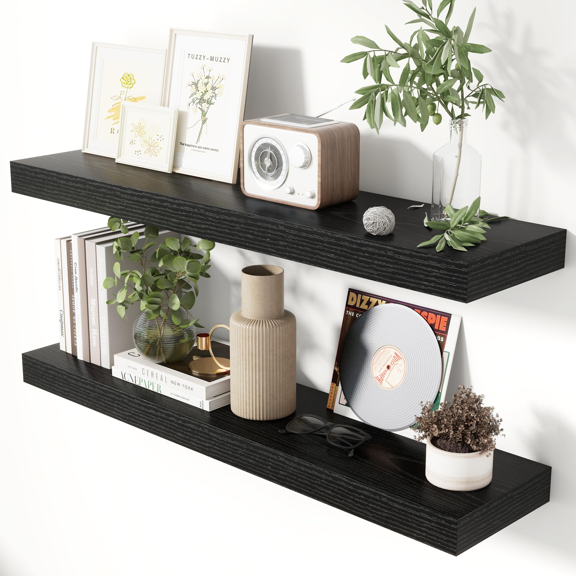 Photo 1 of Heimlove 36 Inch Floating Shelves for Wall 8 Inch Deep Black Shelves Set of 2,Wall Mounted Rustic Wood Long Floating Shelf with Invisible Brackets for Bedroom Kitchen Living Room
