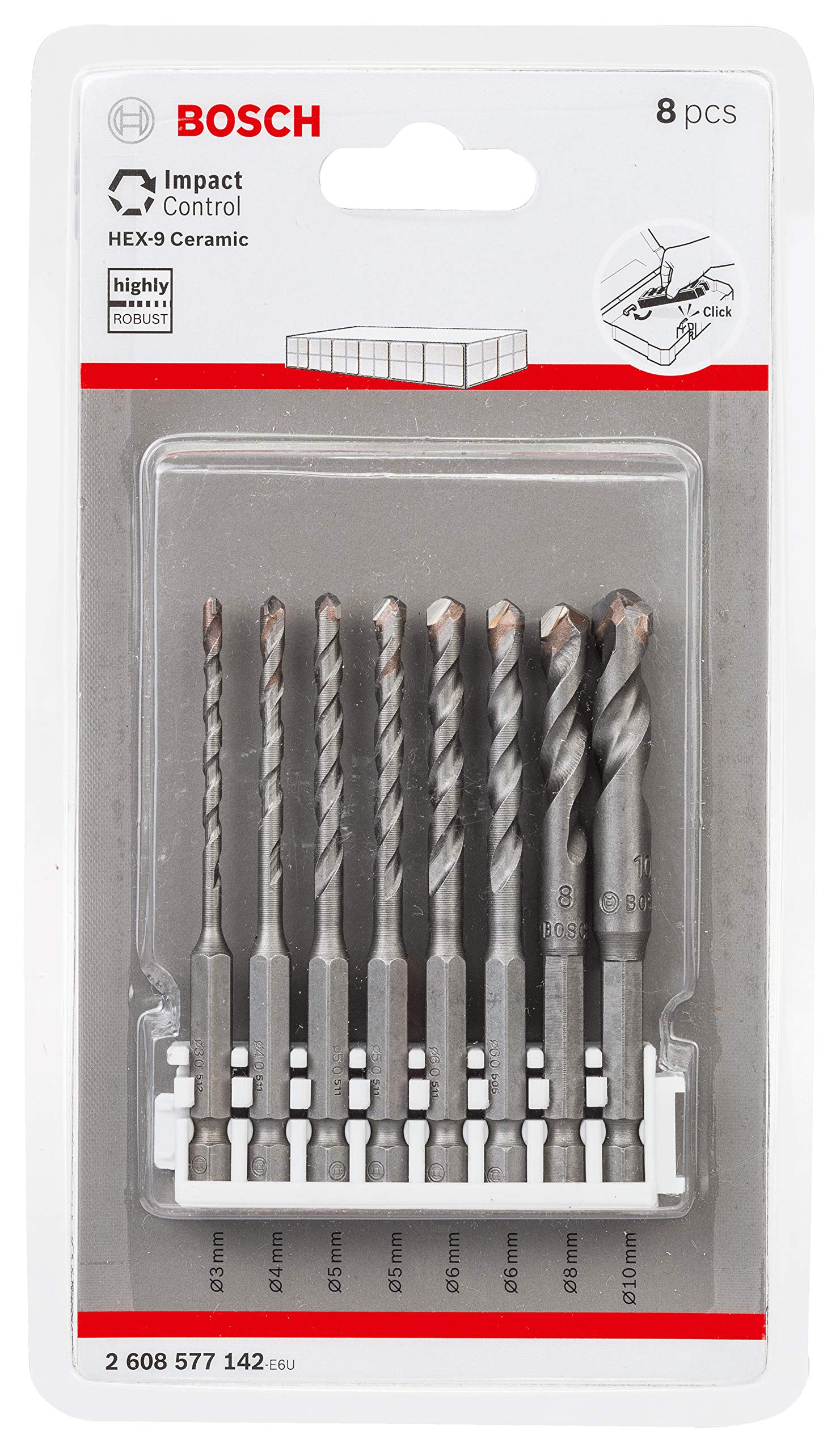 Bosch Professional 8-Piece Impact Control Ceramic Drill Bit Set (Tiles, Porcelain & Ceramics, Pick and Click, HEX-9, Accessories for Impact Drivers)