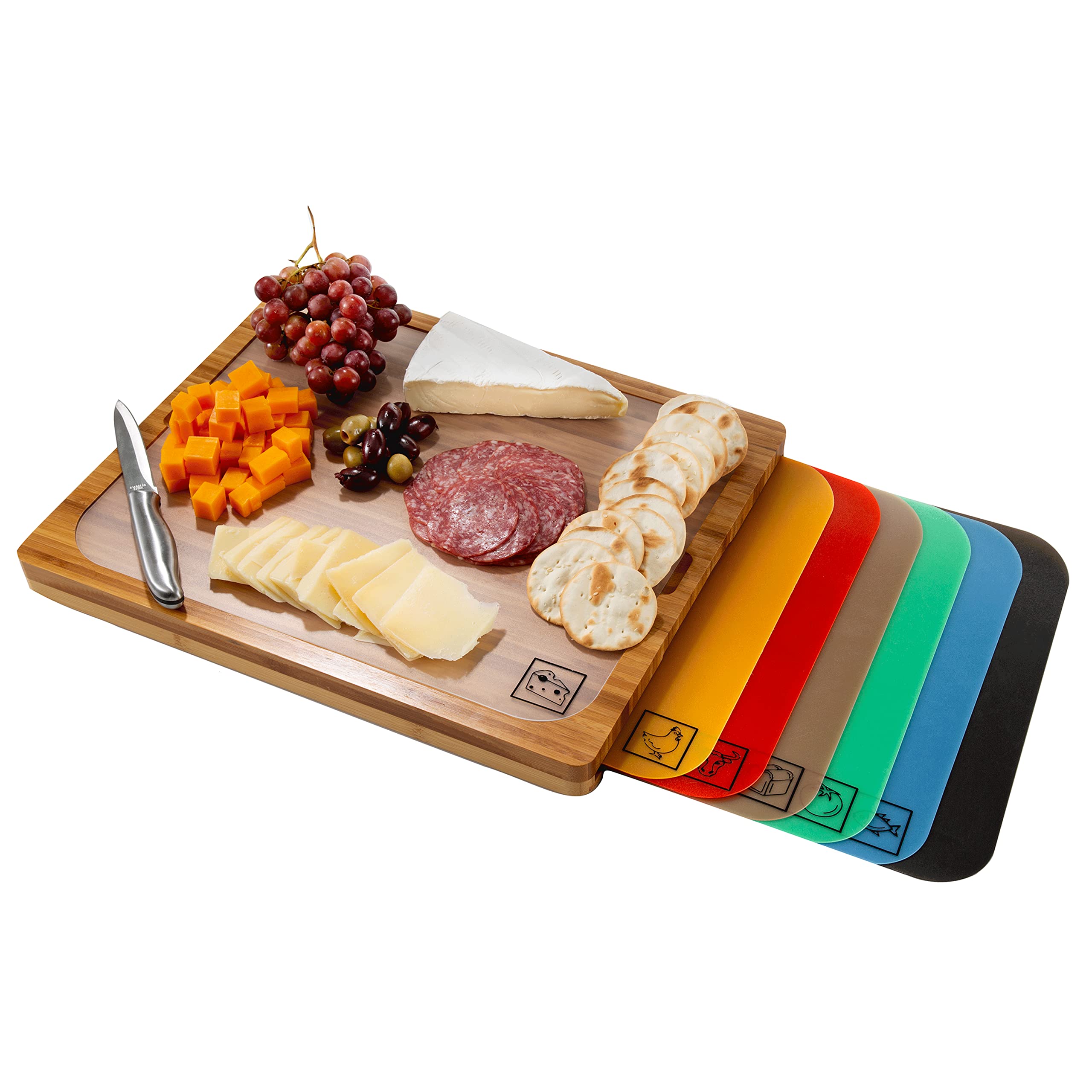 Seville Classics Bamboo Cutting Board with 7 Colour Coded Chopping Mats