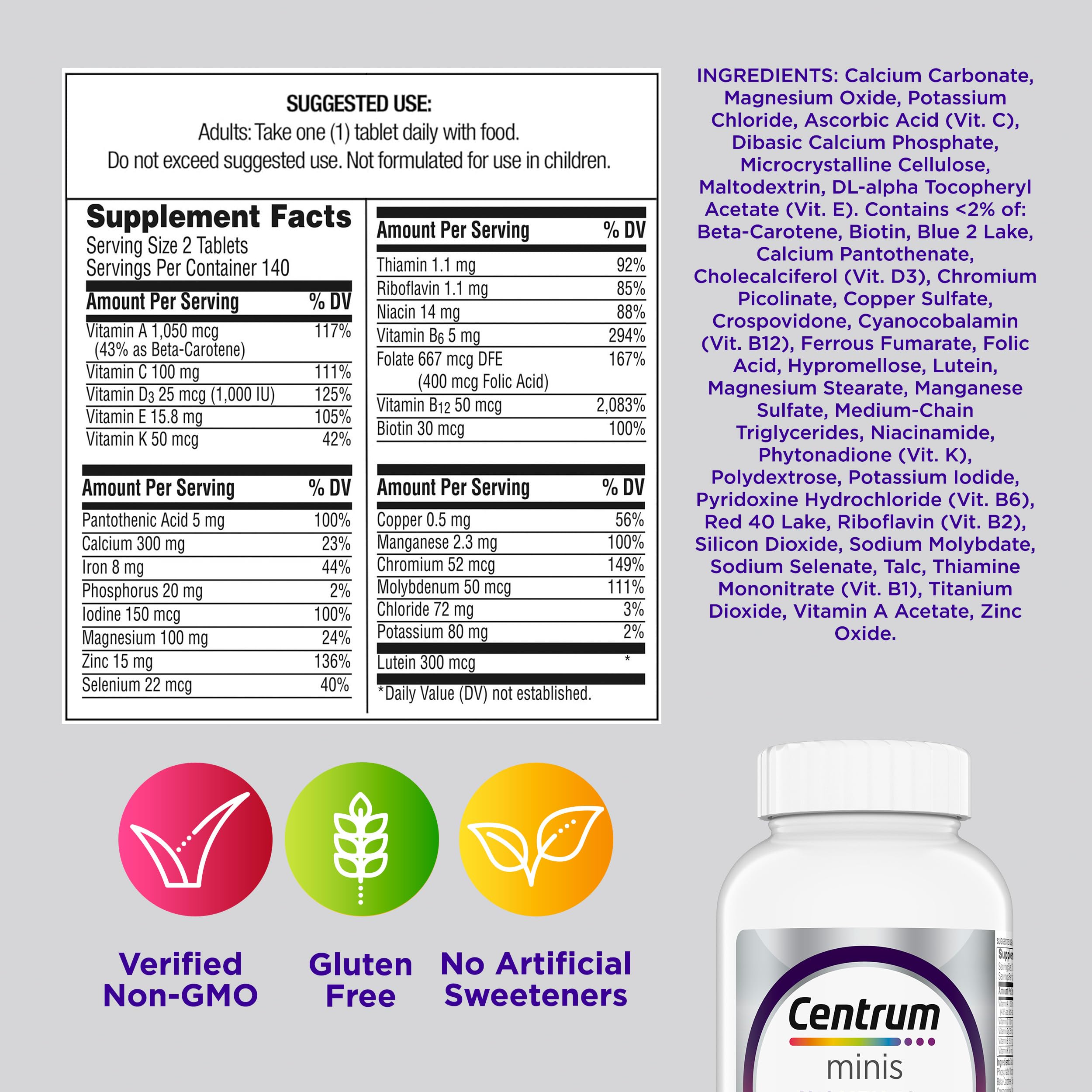 Centrum Minis Silver Women's Multivitamin for Women 50 Plus, Multimineral Supplement with Vitamin D3, B Vitamins, Non-GMO Ingredients, Supports Memory and Cognition in Older Adults - 280 Ct