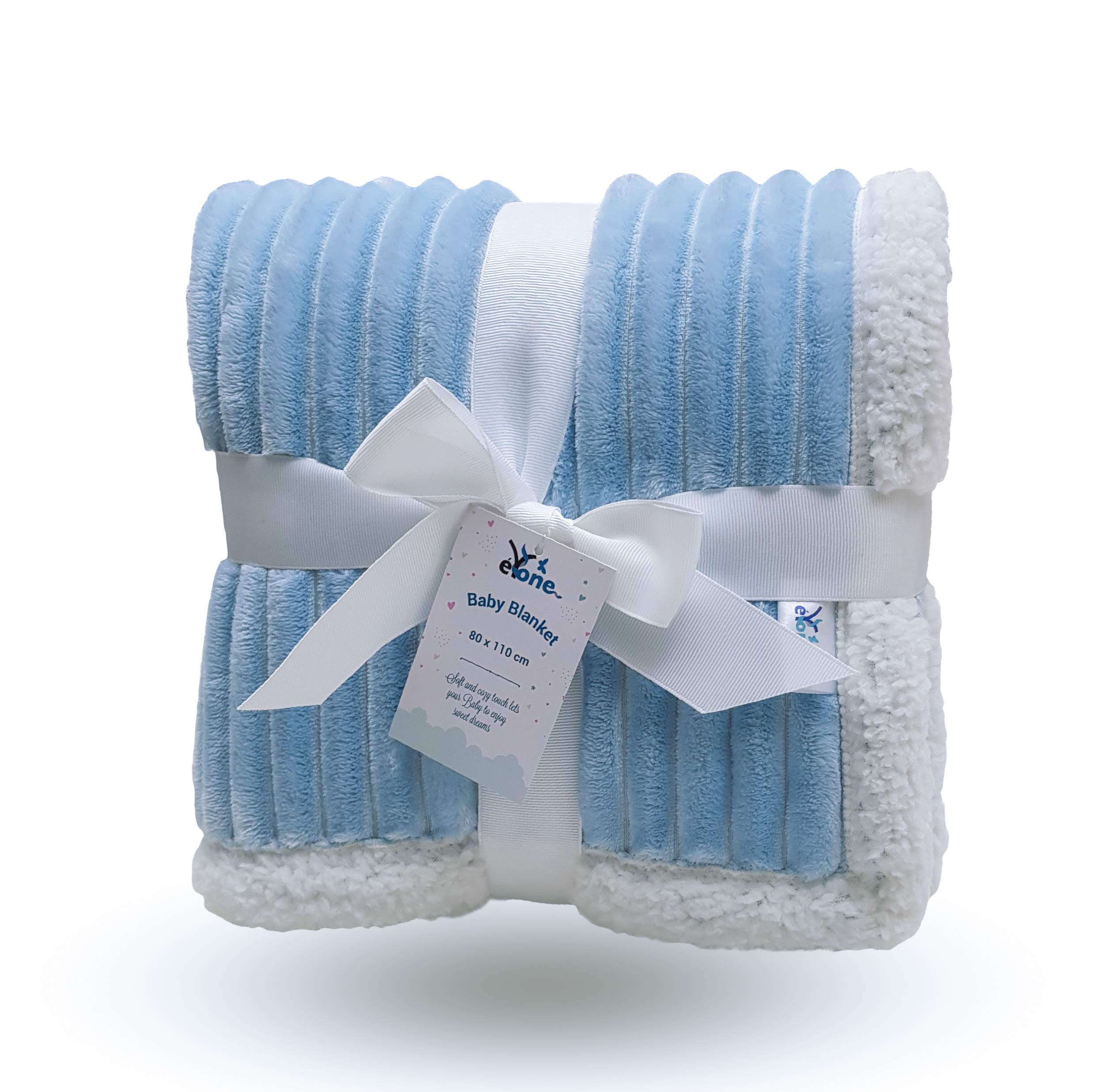eYone Baby Blanket 80×110 cm - Soft Fleece & Sherpa - Pram, Cot & Stroller - Newborn Gift for Boys - Blue