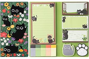 B1ykin Sticky Notes Set - Cartoon Theme Cute Self-Stick Notes Pad Teacher Appreciation Gifts， Self-Adhesive Writing Memo Pages Sticky to Do Notepad for Kids Employee School Office (Black Cat Floral)