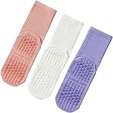 toemoeumii Pilates Socks with Grips for Women Grippy Non Slip Crew Socks for Yoga Barre Hospital Solid 3 Pairs