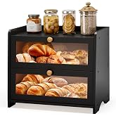 Double Layer Bread Box Container for Kitchen Countertop Homemade Bread | Large Breadbox Storage Wooden Farmhouse Bread Holder (Black, Medim-15.7" L x 9.5" W x 13" H)