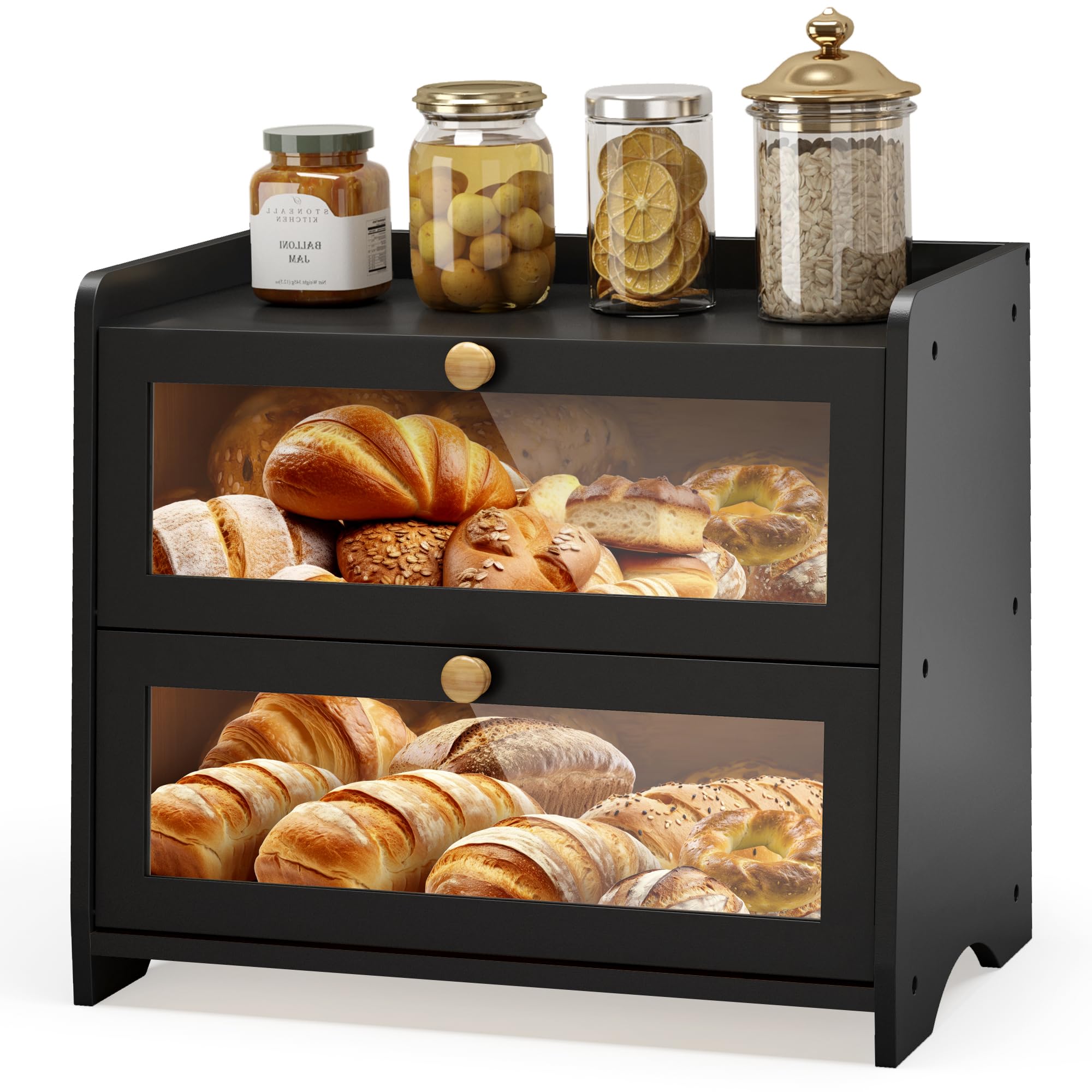 Photo 1 of **MISSING HARDWARE** JANSNIMEN Double Layer Bread Box for Kitchen Countertop, Large Breadbox Bread with Windows, Wooden Farmhouse Bread Holder (Black)
