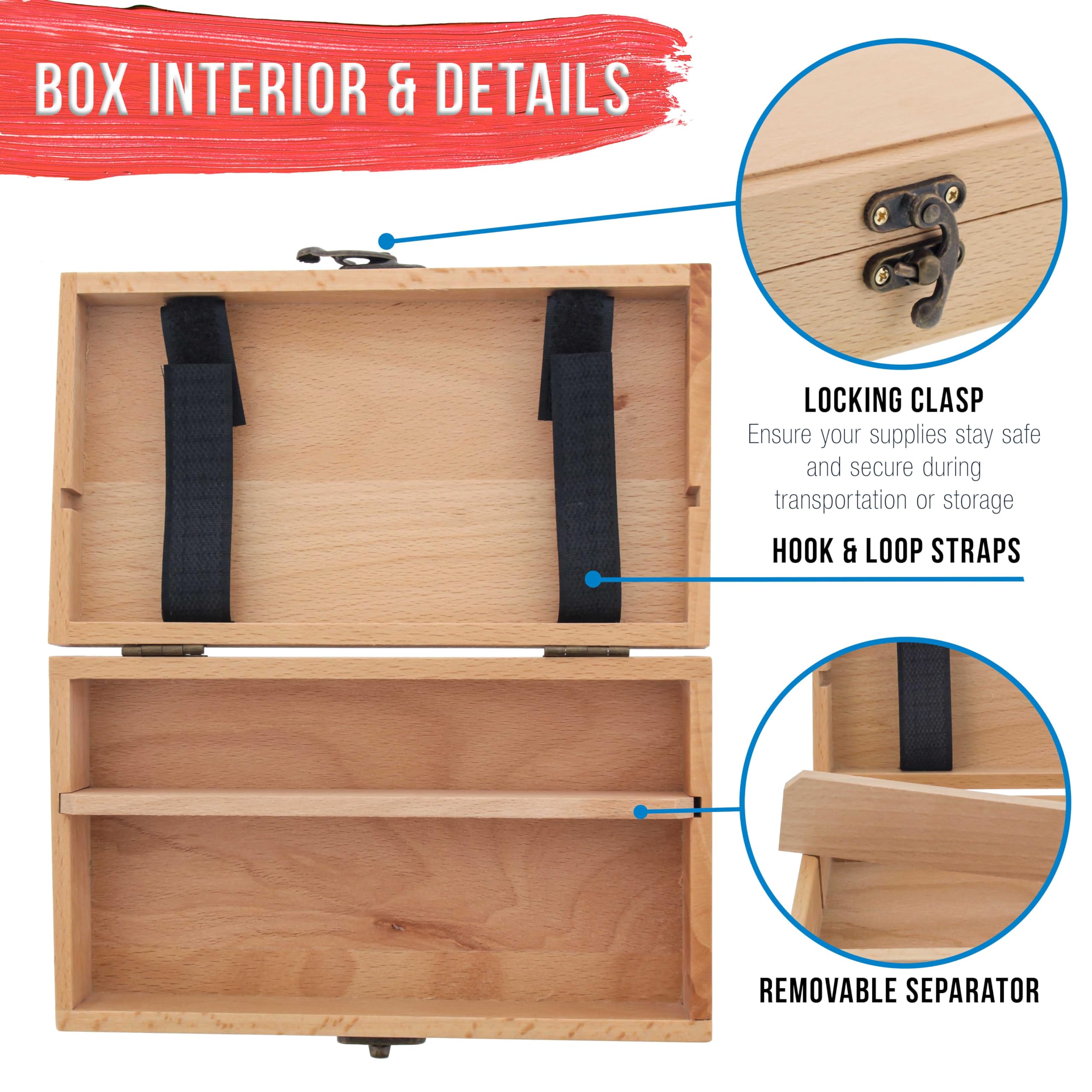 U.S. Art Supply Multi-Function Artist Supply Box with Locking Clasps - Wooden Art Box for Artist Supplies, Brushes, Pencils, Erasers, Tool Storage Organizer Case to Protect and Transport