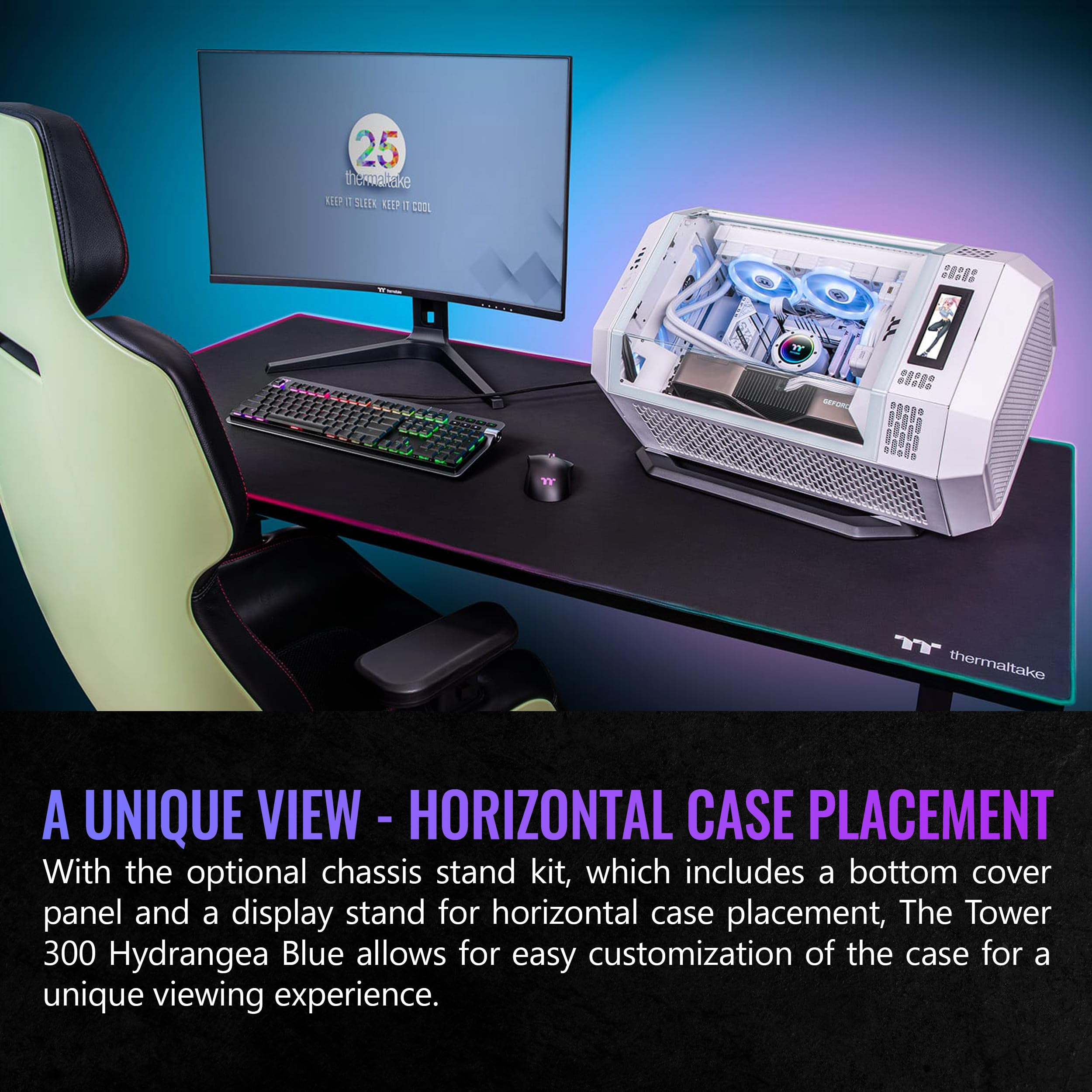 Thermaltake Tower 300 Hydrangea Blue Micro-ATX Case; 2x140mm CT Fan Included; Support Up to 420mm Radiator; Optional Chassis Stand Kit Allows Horizontal Display; CA-1Y4-00SFWN-00; 3 Year Warranty