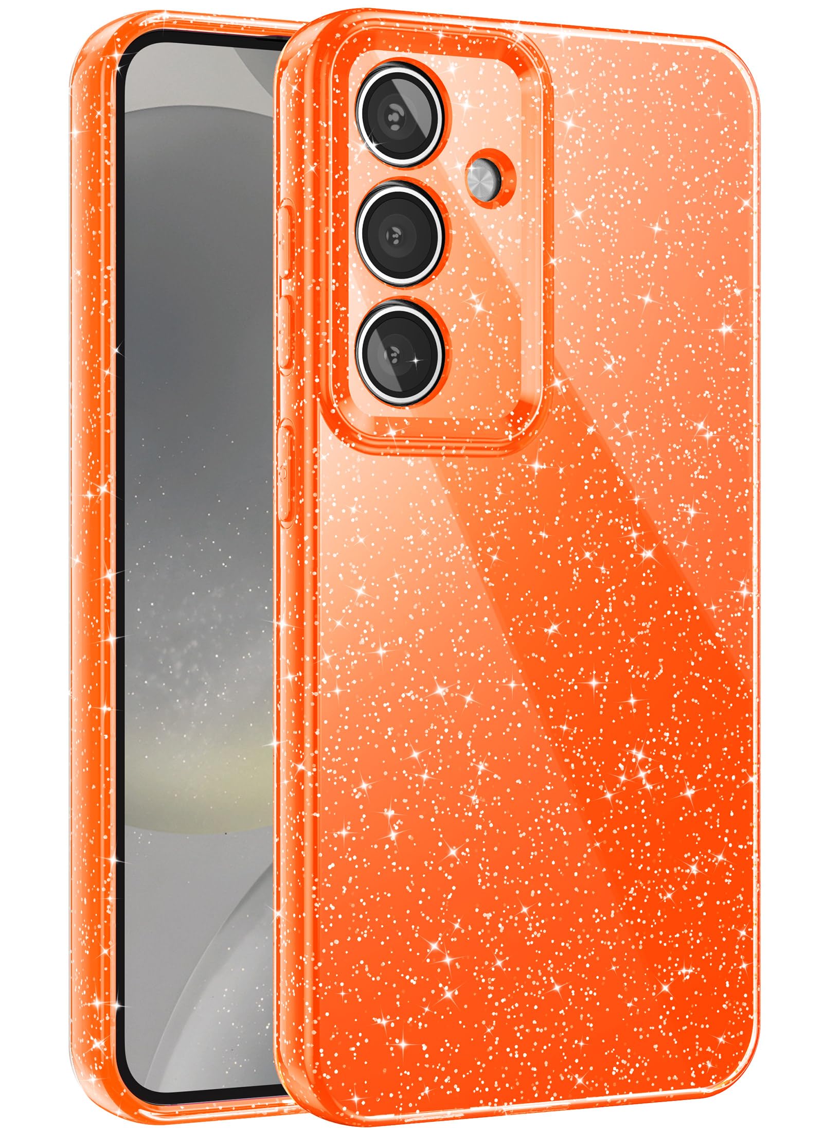 CUZMIGO Glitter Case for Samsung Galaxy S25, Cute Sparkly Bright Color Phone Cases for Women Girls, Shiny Bling Slim Fit Soft TPU Cover with Camera Protection, Orange