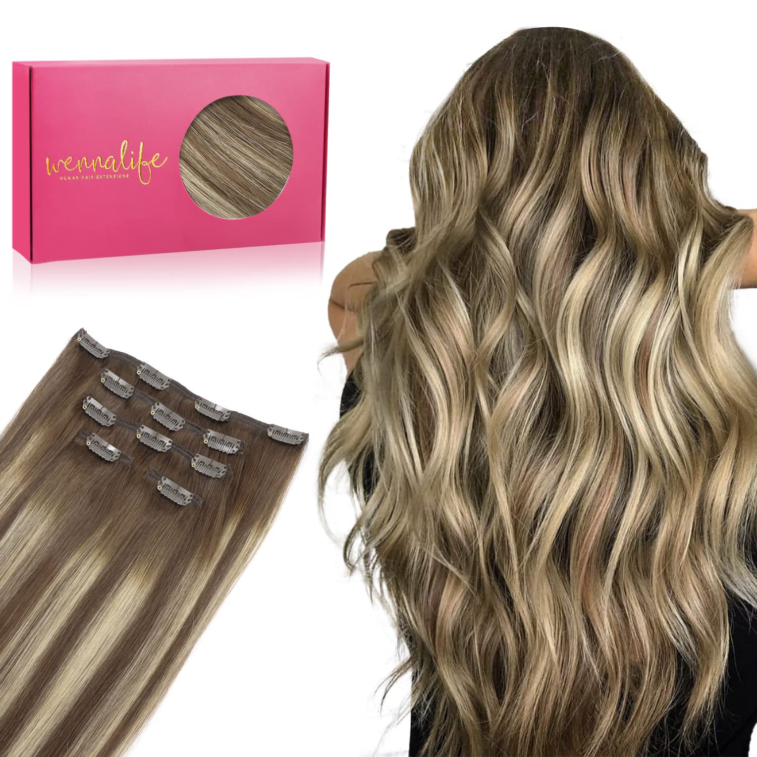 Wennalife Clip In Hair Extensions, 18 Inch 80g 5pcs Balayage Chocolate Brown to Honey Blonde Hair Extensions Clip In Real Hair Remy Human Hair Extensions Natural Silky Clip In Human Hair Extensions — image 1
