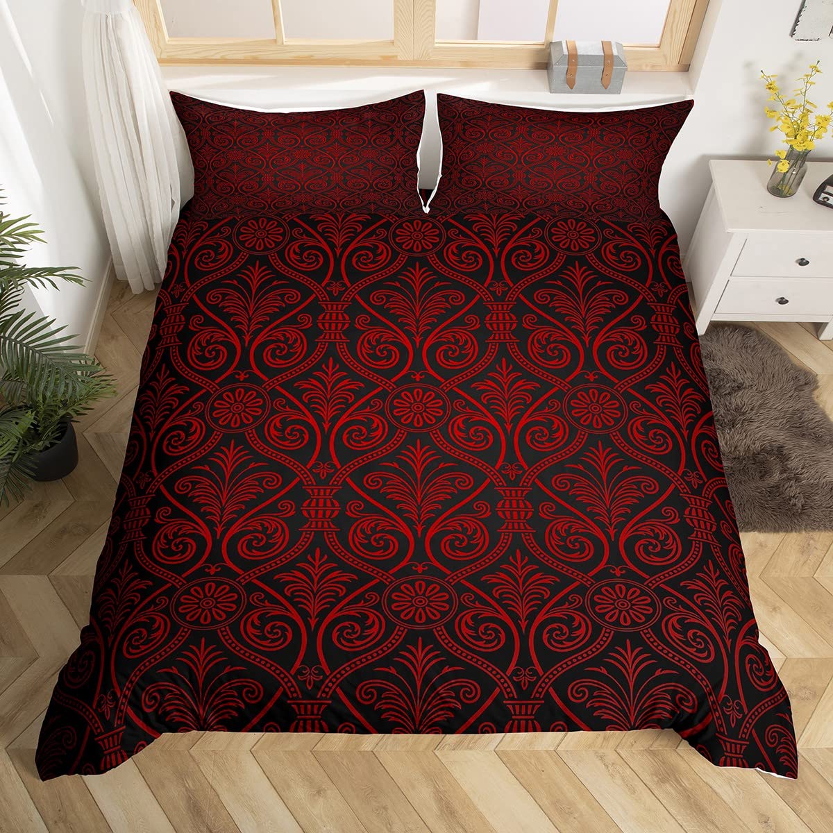 Homewish Red Black Ombre Gothic Bedding Set Super King For Boys Vintage Goth Floral Damask Duvet Cover Antique Victorian Baroque Comforter Cover Hotel Luxury Bed Cover Bohemian Exotic Bedroom Decor — image 1