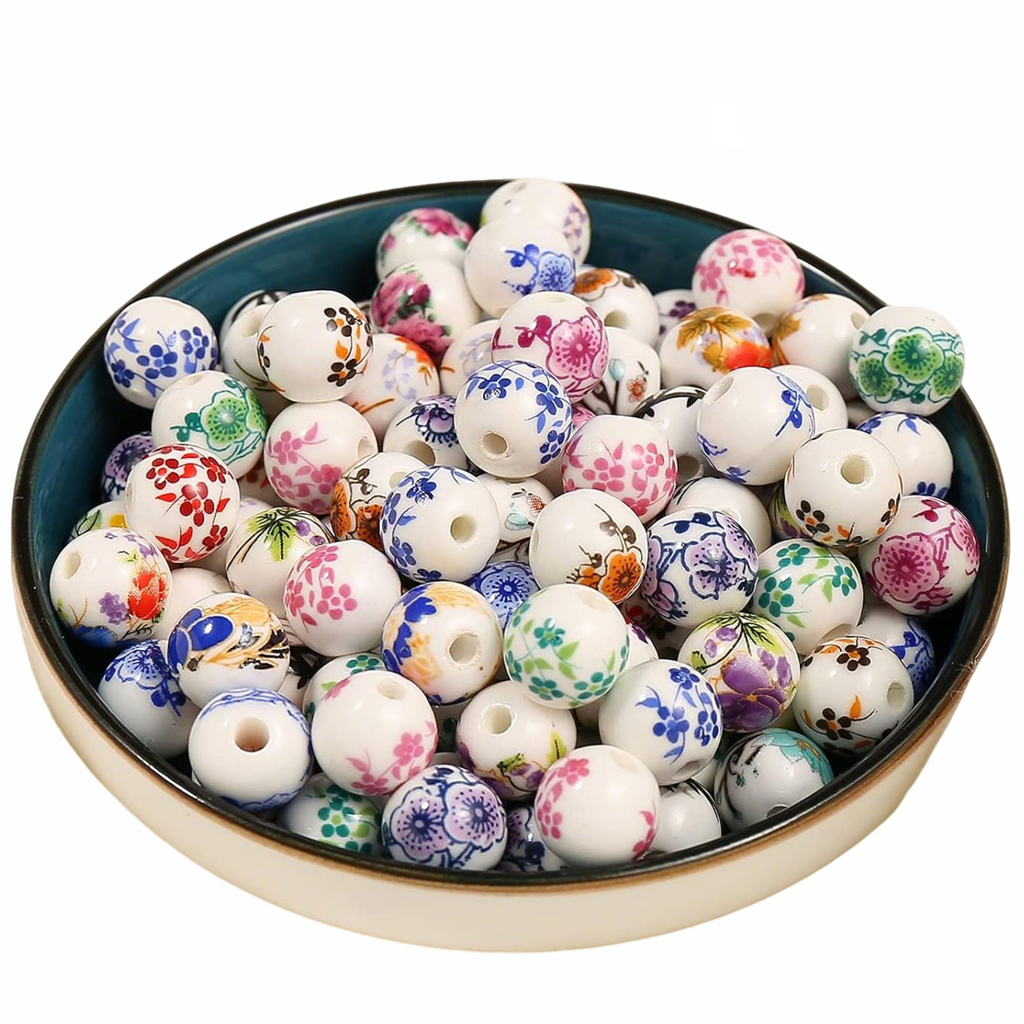 HERZWILD 100pcs Ceramic Beads Colourful Flower Beads, Round Loose Bead, Handmade Printed Porcelain Bead, Threading for DIY Jewellery Arts Crafts Necklace Bangle (10mm) โ image 1