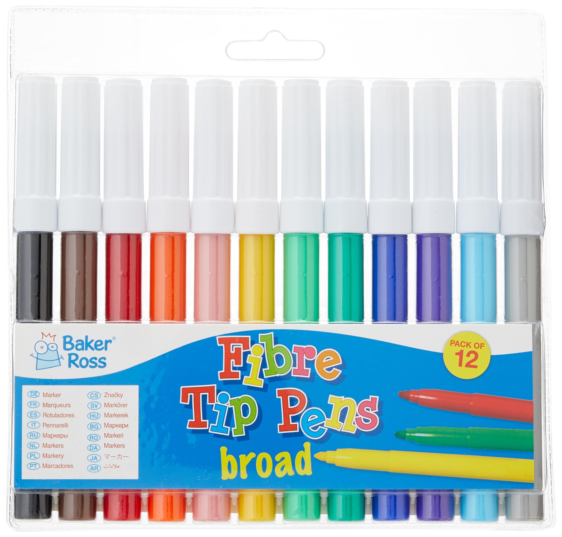 Baker Ross AF962 Broad Tip Marker Pens Value Pack for Children to Draw and Colour-in Arts and Crafts (Pack of 12)