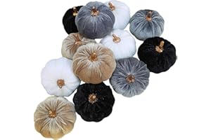 Winlyn 12 Pcs Small Assorted Faux Velvet Pumpkins Decorative Fabric in White Black Gray Taupe Foam Pumpkins 3" for Farmhouse Fall Wedding Thanksgiving Halloween Table Centerpiece Mantel Décor