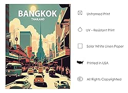 Bangkok City Retro Art Print Poster, Thailand Wall