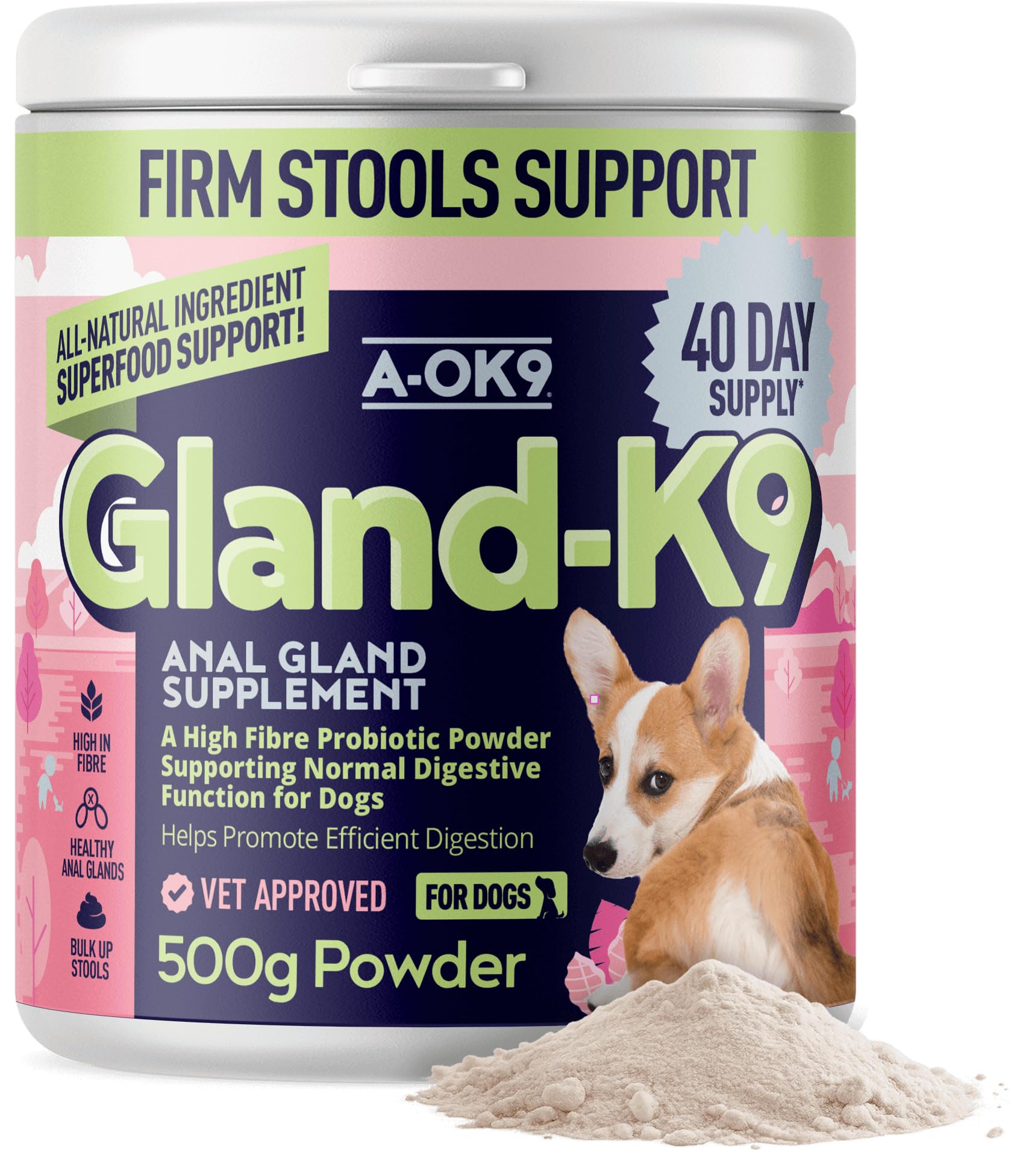 A-OK9 Gland-K9 Dog Gland & Digestive Health Supplement Powder – Probiotic & Prebiotic Fibre Formula for Natural Gland Function and Firm Stools - For All Ages & Breeds - 500g