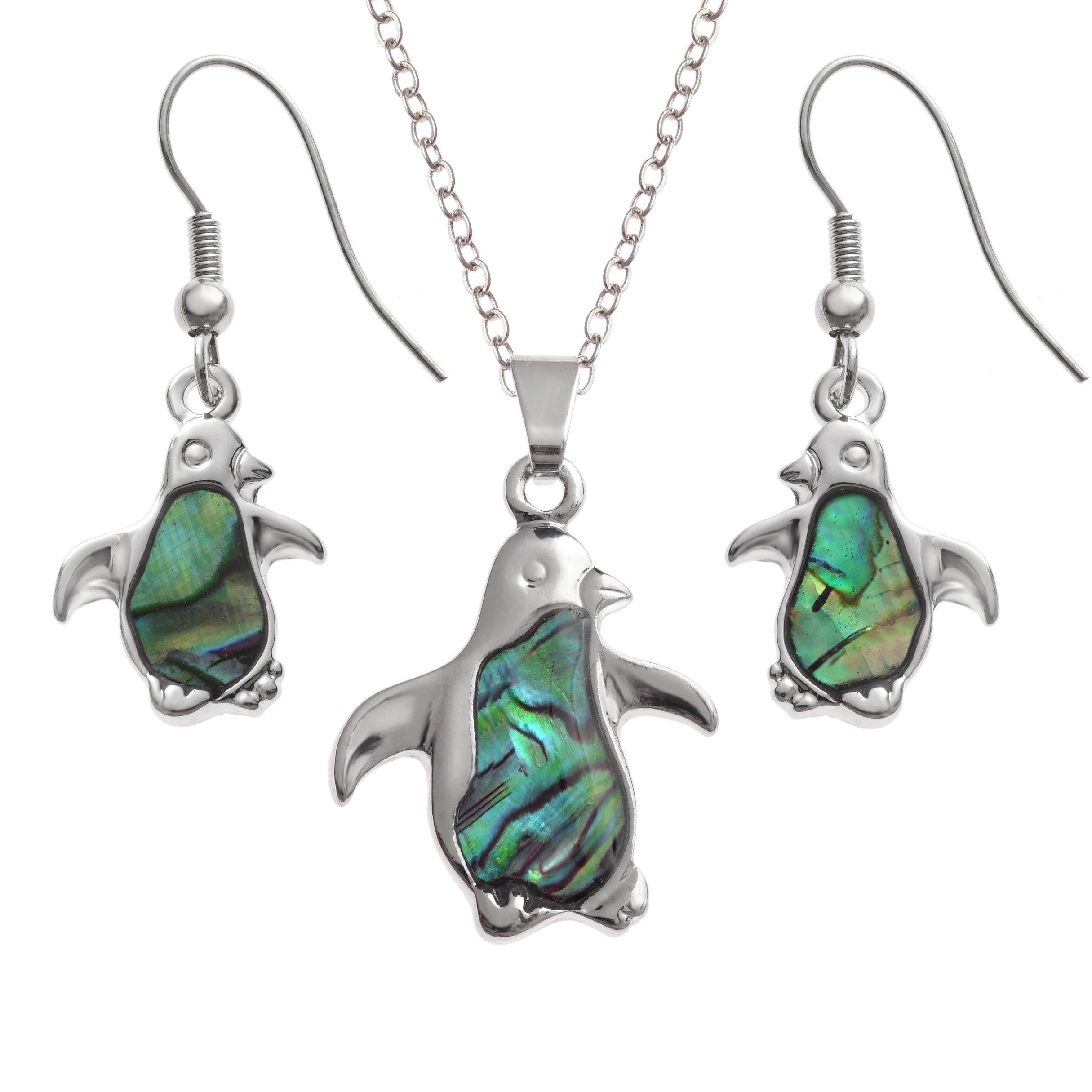 Kiara Jewellery Penguin Boxed Set of Pendant Inlaid With Natural greenish blue Paua Abalone Shell on 18" Trace Chain Together With Matching Hypoallergenic Rhodium plated Earrings.
