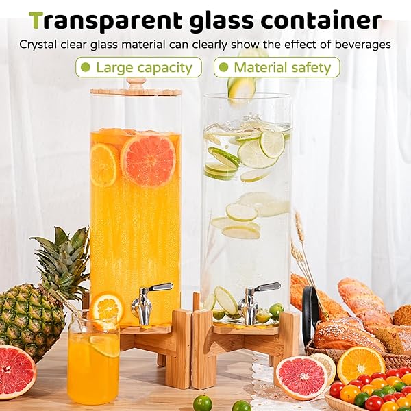 SPEETH 2 PCS 1.6 GALLON DRINK DISPENSER, LARGE WATER GLASS BEVERAGE DISPENSER WITH WOOD STAND FOR PARTIES WITH STAINLESS STEEL SPIGOT, IDEAL FOR LEMONADE,JUICE, TEA, AND PARTY DRINKS