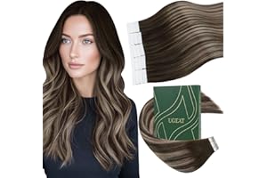 Ugeat Balayage Tape in Human Hair Extensions Dark Brown Mix Ash Brown Ombre Seamless Tape in Extensions Real Straight Short H