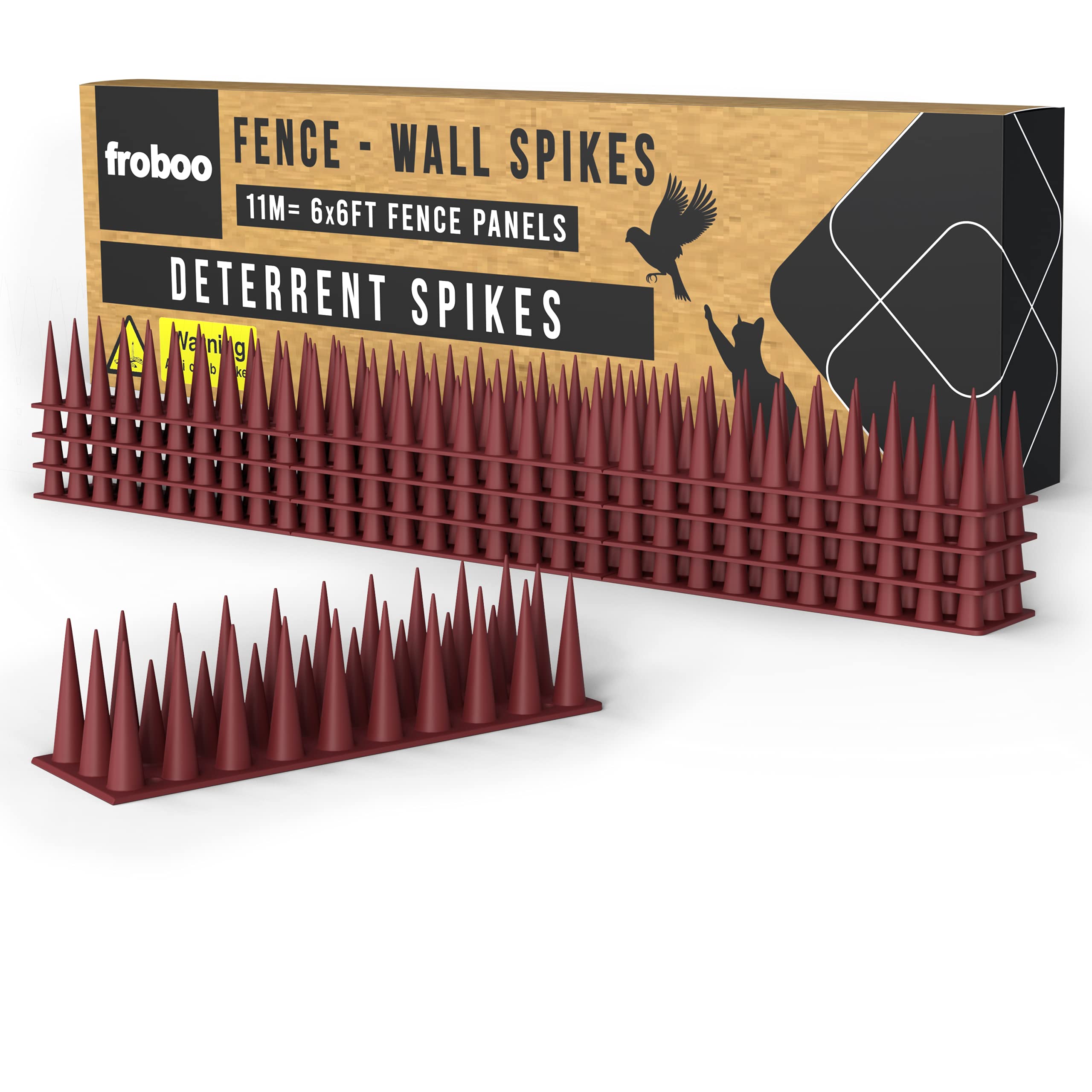 froboo Wall and Fence Spikes - Plastic Bird Spikes for Pigeons - Deterrent to Stop Birds and Cats Sitting on Fence - Anti Climb Spikes (11M - 2.5 to 3.5cm Tall Spikes) Protects 6 x 6 FT Fence Panels