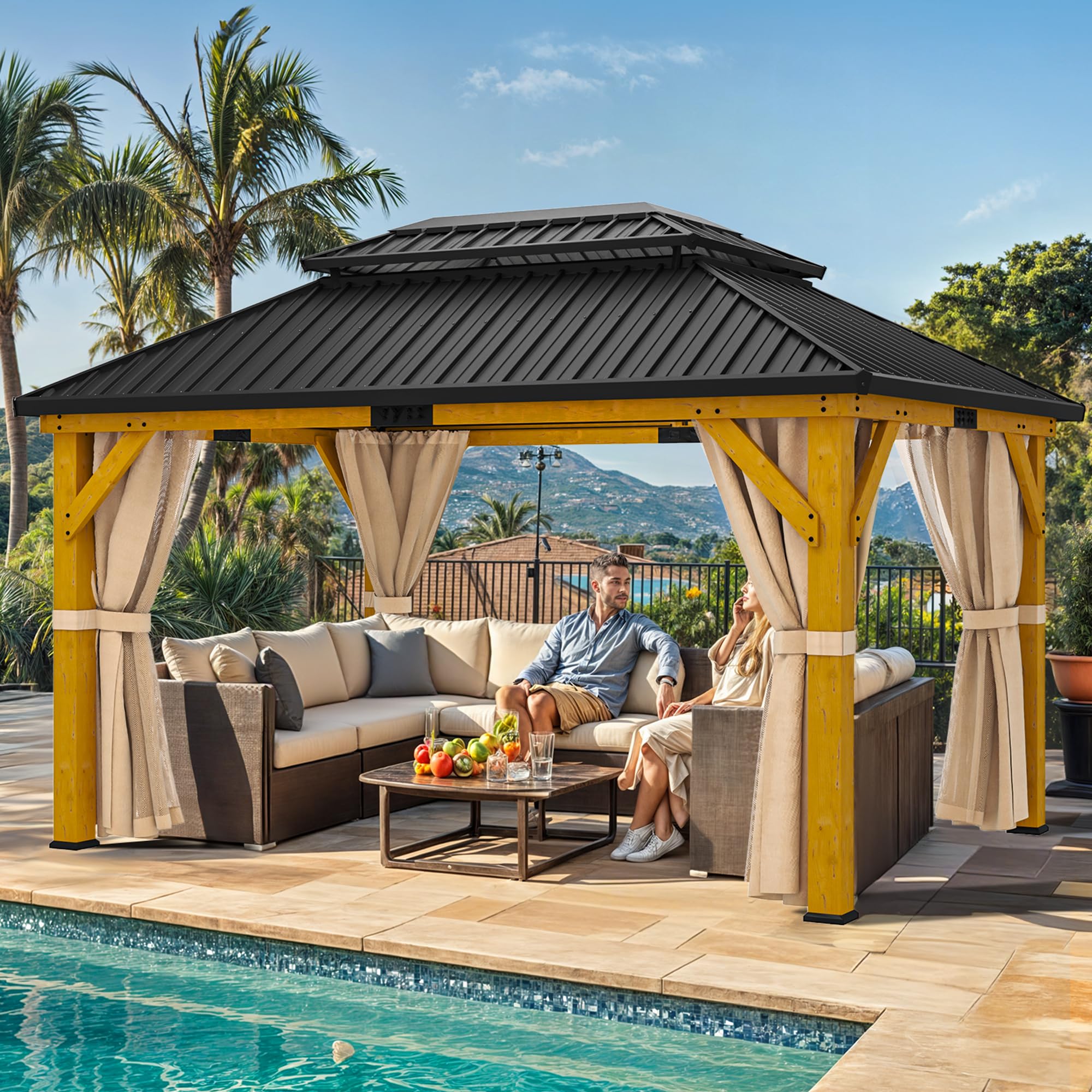 Photo 1 of  box 1 / 4    only   -----  YITAHOME 11X13FT Wood Outdoor Gazebo Wooden Hardtop Gazebo Double Roof Hardtop Galvanized Steel Top Canopy w/Curtain and Netting, Patio Heavy Duty for Deck, Backyard, Golden