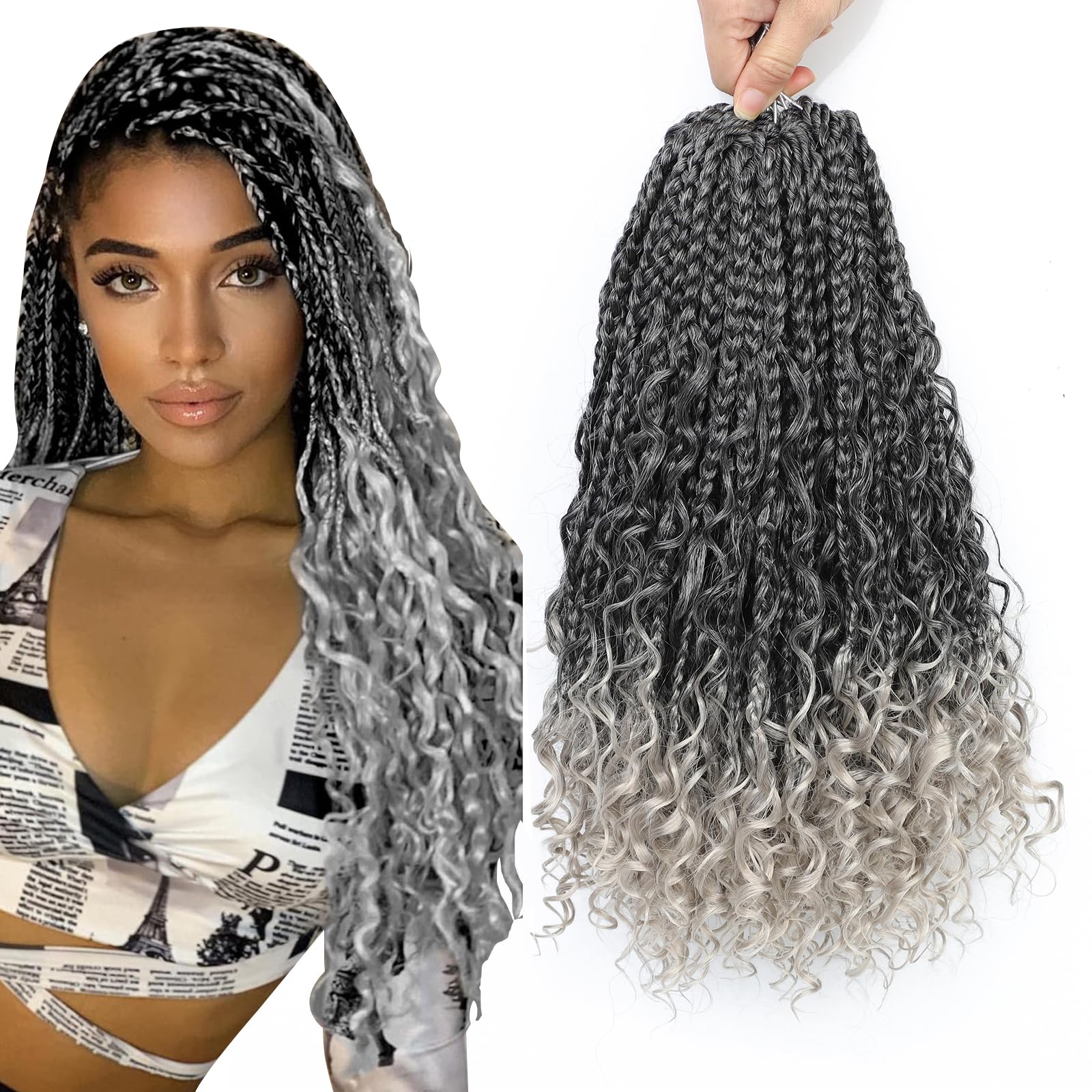 Boho Crochet Braids With Curly Ends - Goddess Box Braids, Boho Style - Pre Looped (14, 8 Packs, 1B/Silver#) — image 1
