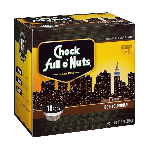 CHOCK FULL O’NUTS COLOMBIAN MEDIUM ROAST, K-CUP COMPATIBLE PODS (18 COUNT) – ARABICA COFFEE IN ECO-FRIENDLY KEURIG-COMPATIBLE SINGLE SERVE CUPS