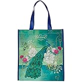 Christian Art Gifts Floral Peacock Reusable Multicolor Shopping Tote Bag for Women: Blessed - Jer. 17:7 Scripture, Easy-hold, Durable, Collapsible Handbag for Groceries, Books, Supplies, Blue/Green