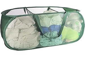 XIAYAN collapsible Mesh Popup laundry basket，3 Compartments-Laundry Hamper with Strong Handles ，Easy to Open and Fold for Dorm, Laundry Room, Bedroom, RV (Green)…