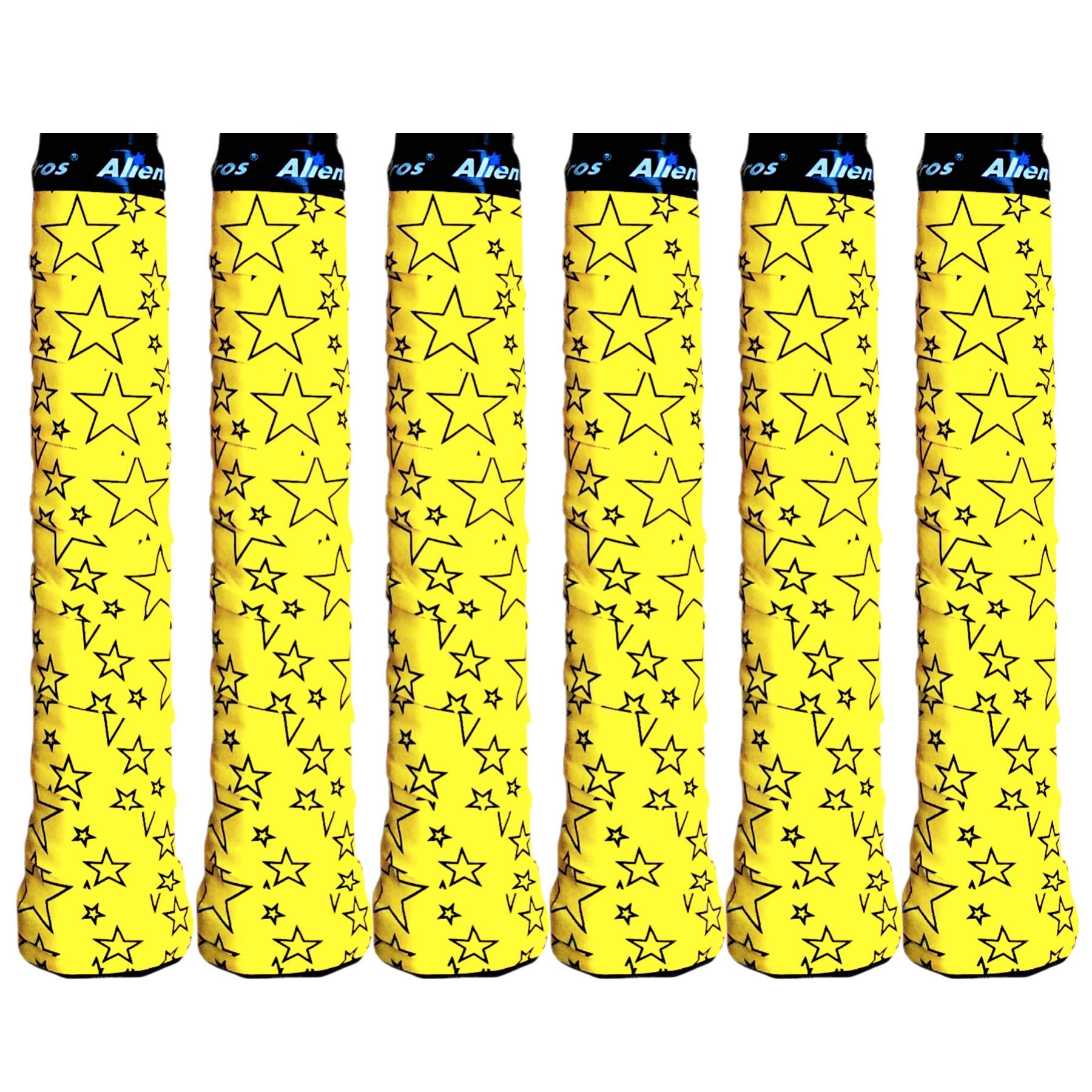 Alien Pros Tennis Racket Grip Tape (6 Grips) โ Precut and Dry Feel Tennis Grip โ Designer Tennis Overgrip Grip Tape Tennis Racket โ Wrap Your Racquet for High Performance (6 Grips, Yellow Stars)