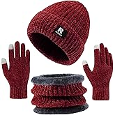 Winter Beanie Hat Circle Scarf Gloves Set for Men Women, Thick Warm Chenille Skull Cap Touchscreen Gloves Neck Warmer