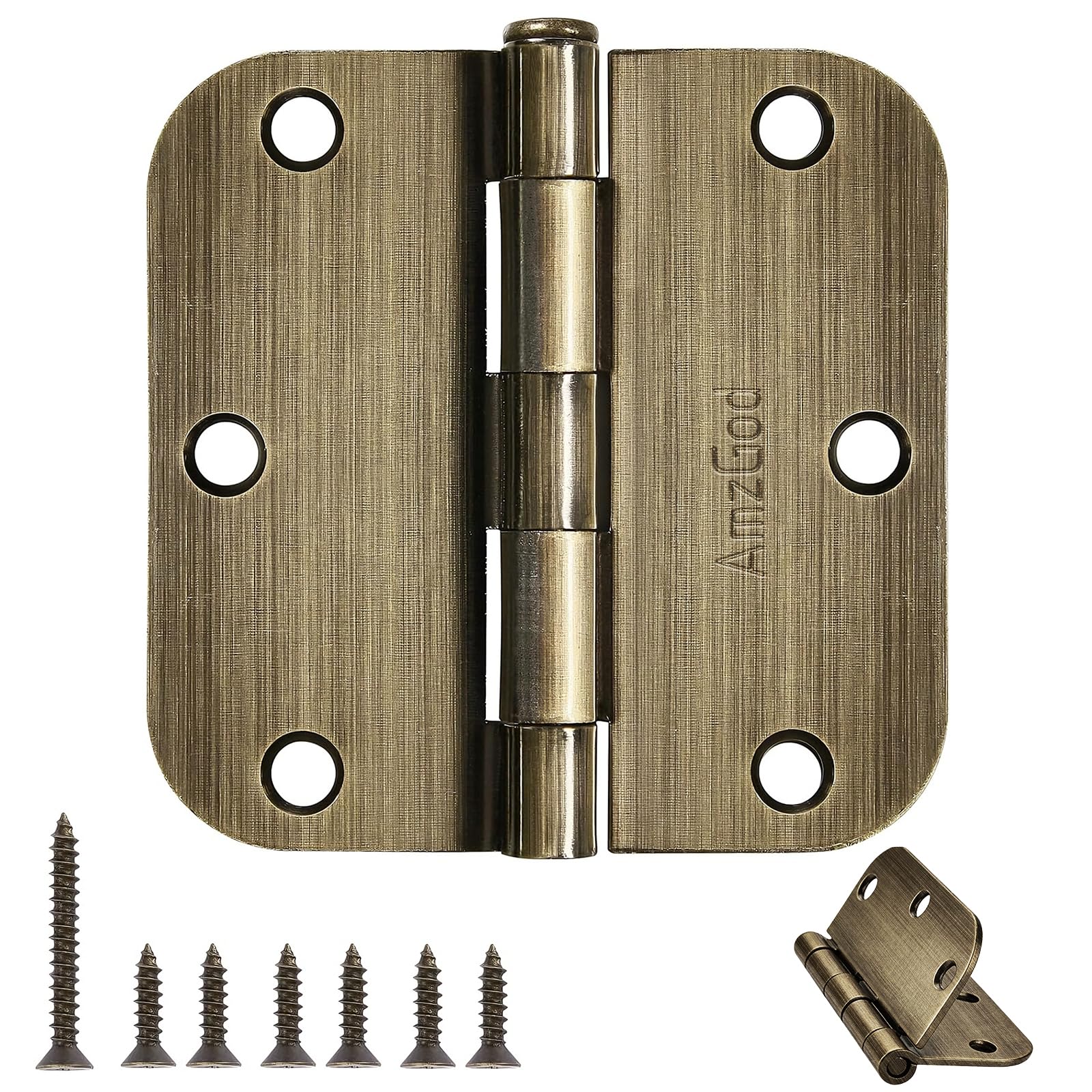 AmzGod Atique Brass Door Hinges - 18 Pack Atique Door Hinges 3.5 Inch Rounded Interior Door Hinge with 5/8" Radius - Heavy Duty 3 1/2" Brass Hinges for Residential Door Hardware Image