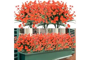 TEMCHY Artificial Outdoor Flowers, 8 Bundles Fake UV Resistant Foliage Greenery Faux Plants Shrubs Plastic Bushes for Indoor Outside Hanging Planter Wedding Farmhouse Decor (Orange Red)
