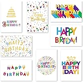 120 Pack Assorted Gold Foil Happy Birthday Cards with Envelopes, Organizer Box, Stickers, and Seals - 4x6 Inches, 8 Unique Designs, Ideal for Kids, Men, Women, and Elderly