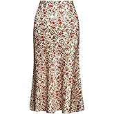 Keasmto Leopard Skirt for Women Midi Length High Waist Silk Satin Elasticized Cheetah Casual Ladies Skirts
