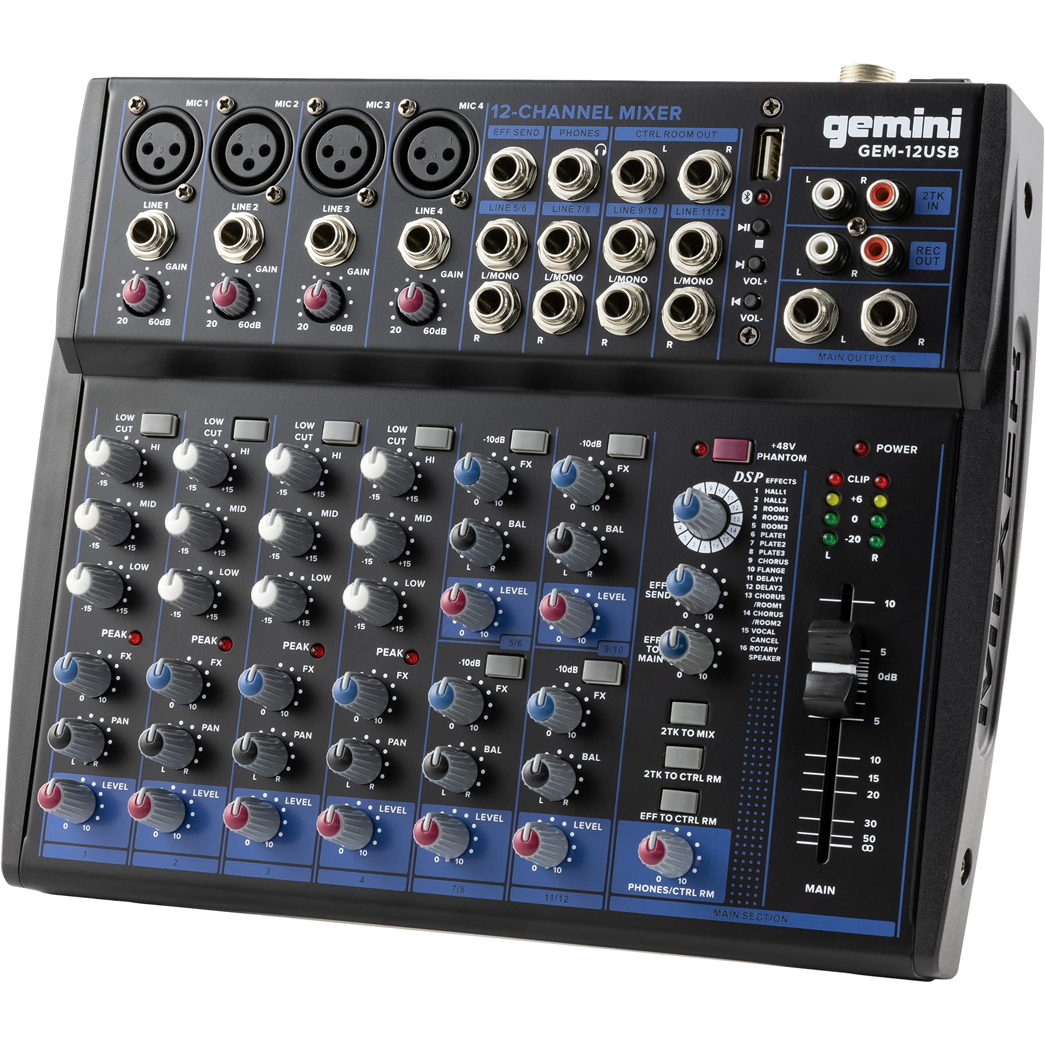 Gemini Sound Gem-12USB - Compact 12 Channel Analogue Mixer Including 4 Mic Channels, 3 Band EQ, USB Playback From USB Stick, And Bluetooth Streaming