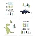 Sweet Jojo Designs Blue and Green Dream Big Dino Wall Art Prints Room Decor for Baby, Nursery, and Kids for Mod Dinosaur Collection - Set of 4
