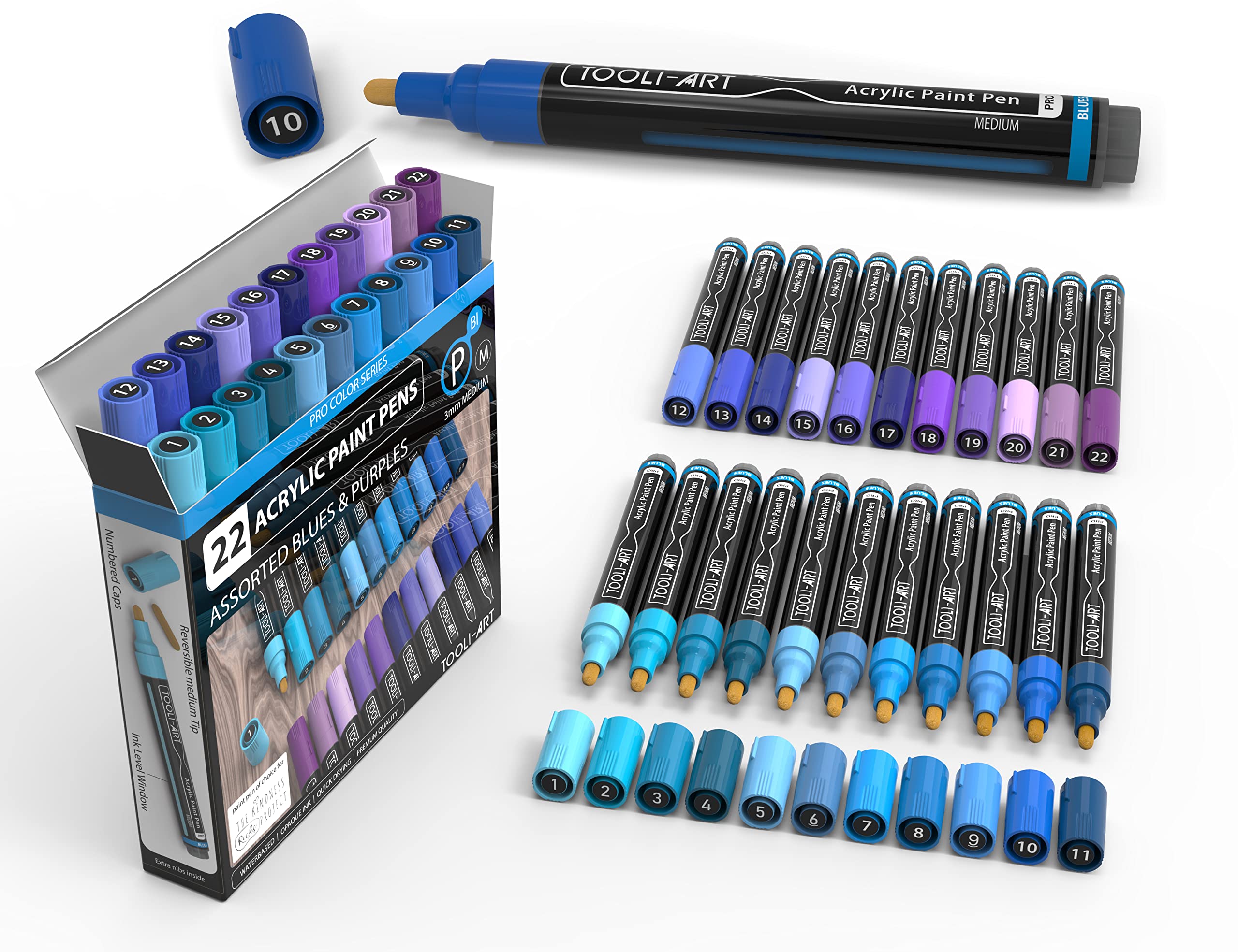 TOOLI-ART 22 Acrylic Paint Markers Paint Pens Pro Color Series Set 3mm Medium Tip for Rock Painting, Glass, Mugs, Wood, Metal, Glass Paint, Canvas, DIY. Non Toxic, Waterbased, Quick Drying (BLUES)