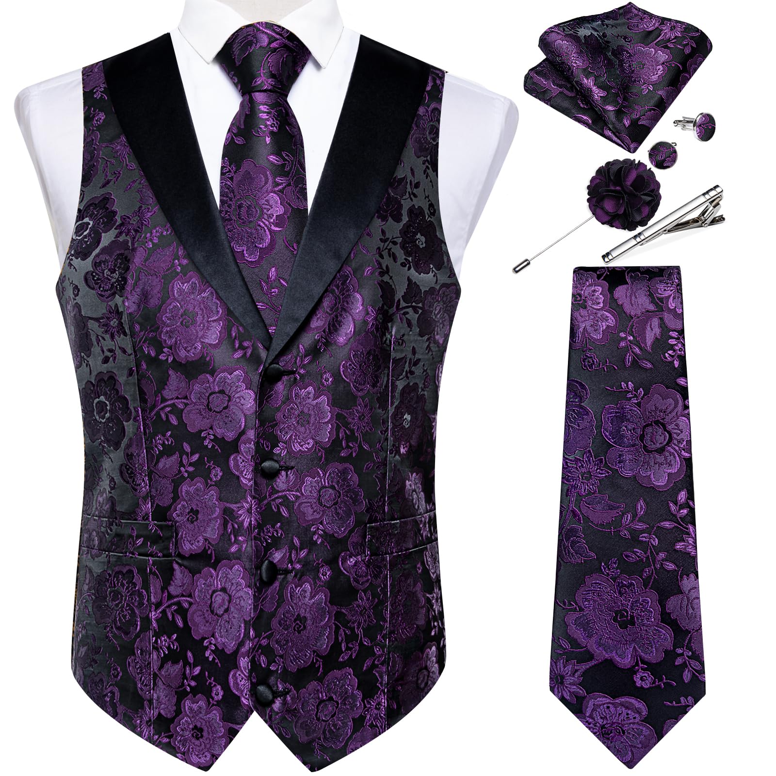 DiBanGu Mens Paisley Suit Vest Silk Jacquard Waistcoat and Necktie Set Formal Shawl Collar Dress Vest 7PCS for Wedding Party, Purple, Medium Image