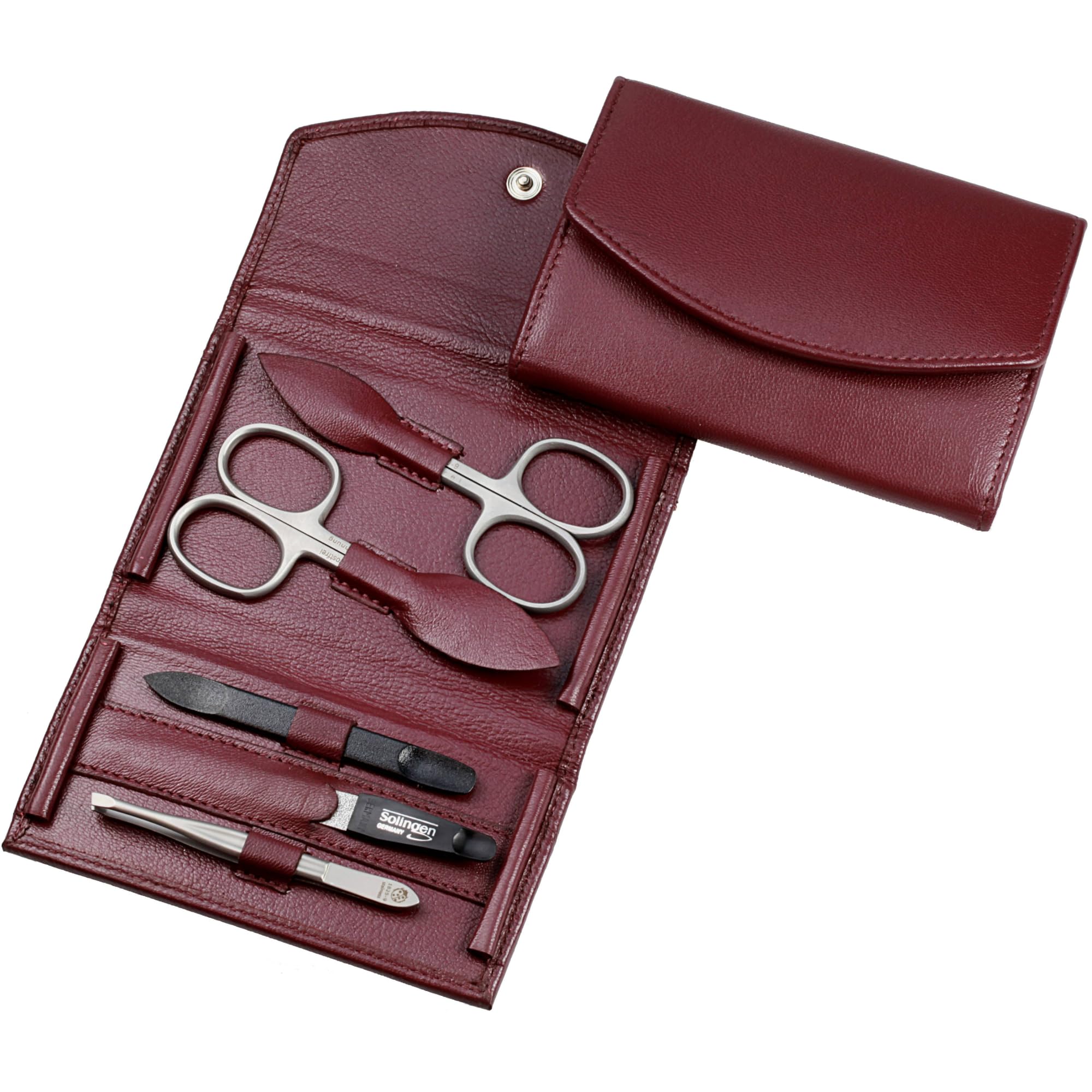Manicure Set - 5-Piece Nail Care Set - Nail Scissors, Cuticle Scissors, Nail File, Tweezers and Double Instrument - Genuine Nappa Lambskin Leather Manicure Case (Bordeaux)