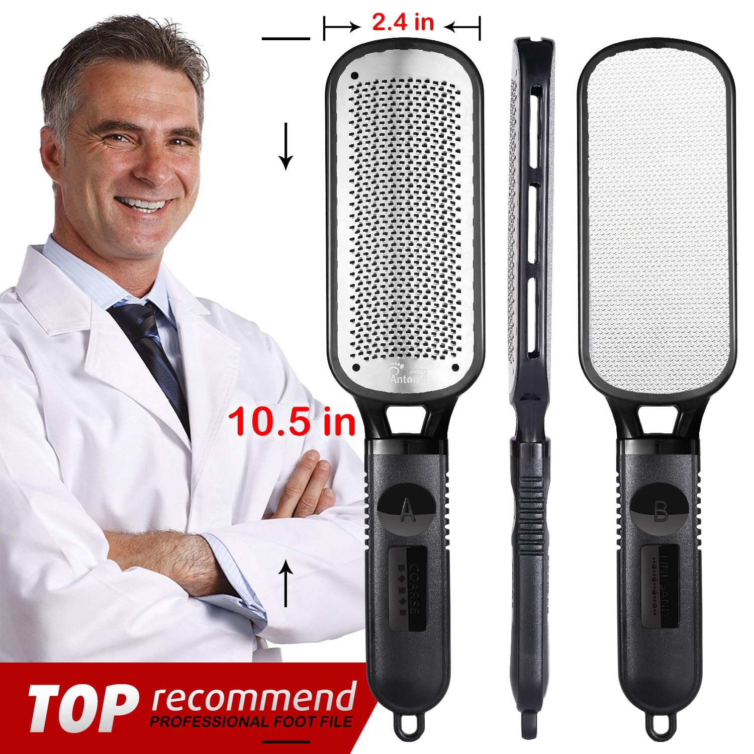 Antonki Foot File for Dead Skin, Double Sided Callus Remover for Feet, Metal Foot Scrubber for Cracked Heel, Professional Foot Scraper Rasp Pedicure Tool to Remove Hard Skin - 2 in 1 Foot File