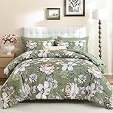 Luxudecor King Comforter Set 7 Pieces Bedding Sets,Olive Green Floral Comforter and Sheet Set,Soft Microfiber Bed in a Bag for All Seasons (Olive Green,104"x90")