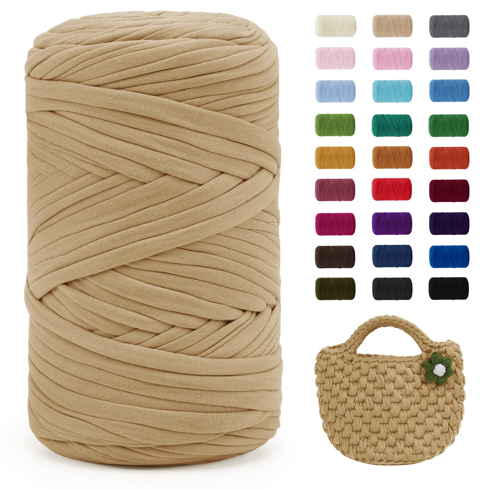 Uiopa Khaki T-Shirt Yarn, 400g/120m Elastic Fabric Crochet Cloth T Shirt Yarn, Chunky Hand Knitting Polyester Ribbon for Crocheting Bags/Baskets/Rugs, Home Decor, DIY Crafts