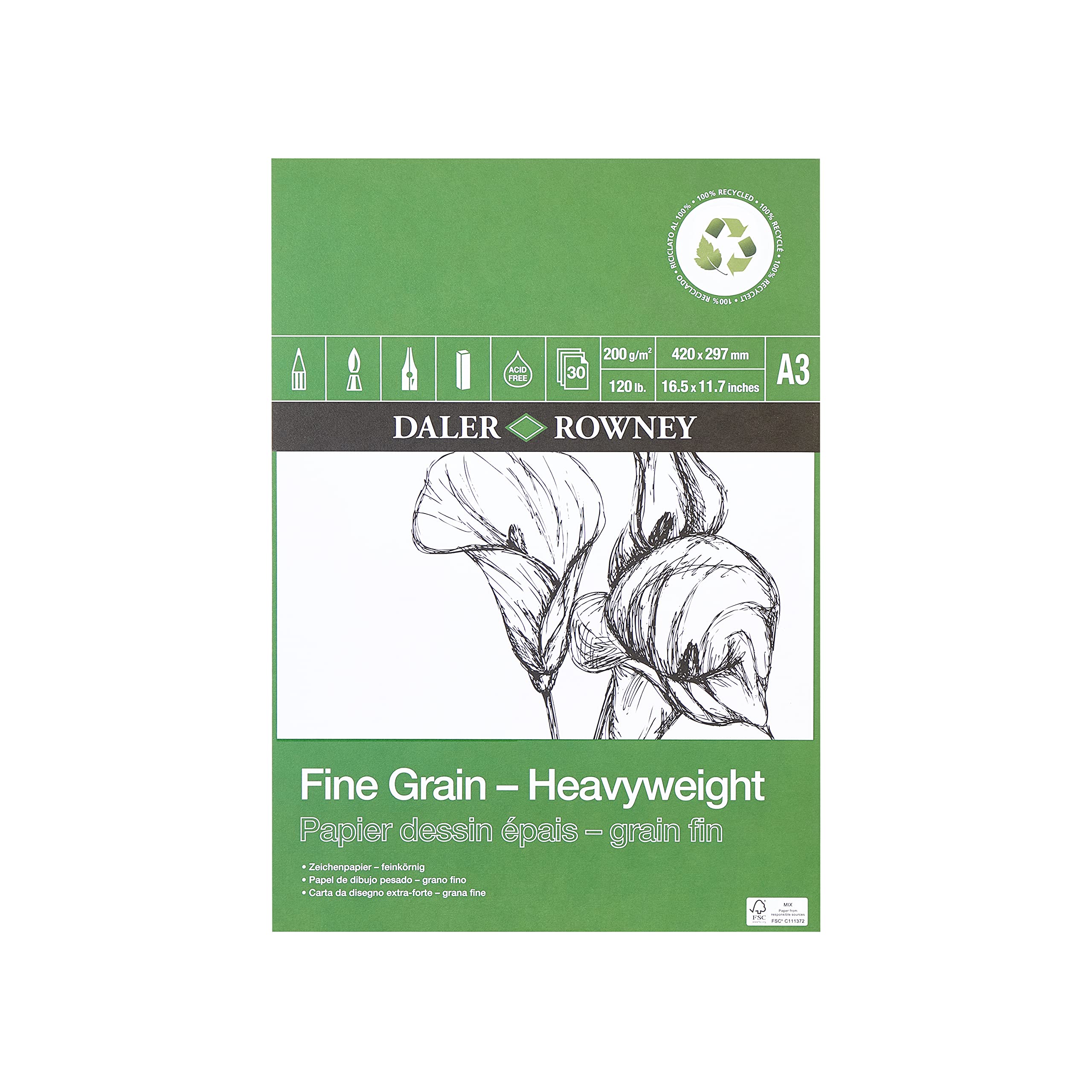 Daler-Rowney Eco Fine Grain Lightly Textured Heavyweight 200gsm A3 Drawing Paper Pad, Glued 1 Side, Acid-free, 30 White Sheets, Ideal for Professional Artists & Students