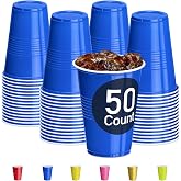 DecorRack 50 Count Blue Party Cups, 16 oz BPA Free Plastic Cups, Perfect for Birthday, Picnic, Indoor and Outdoor Event, Stackable, Reusable, Disposable Round Beverage Drinking Cups (50 Pack)