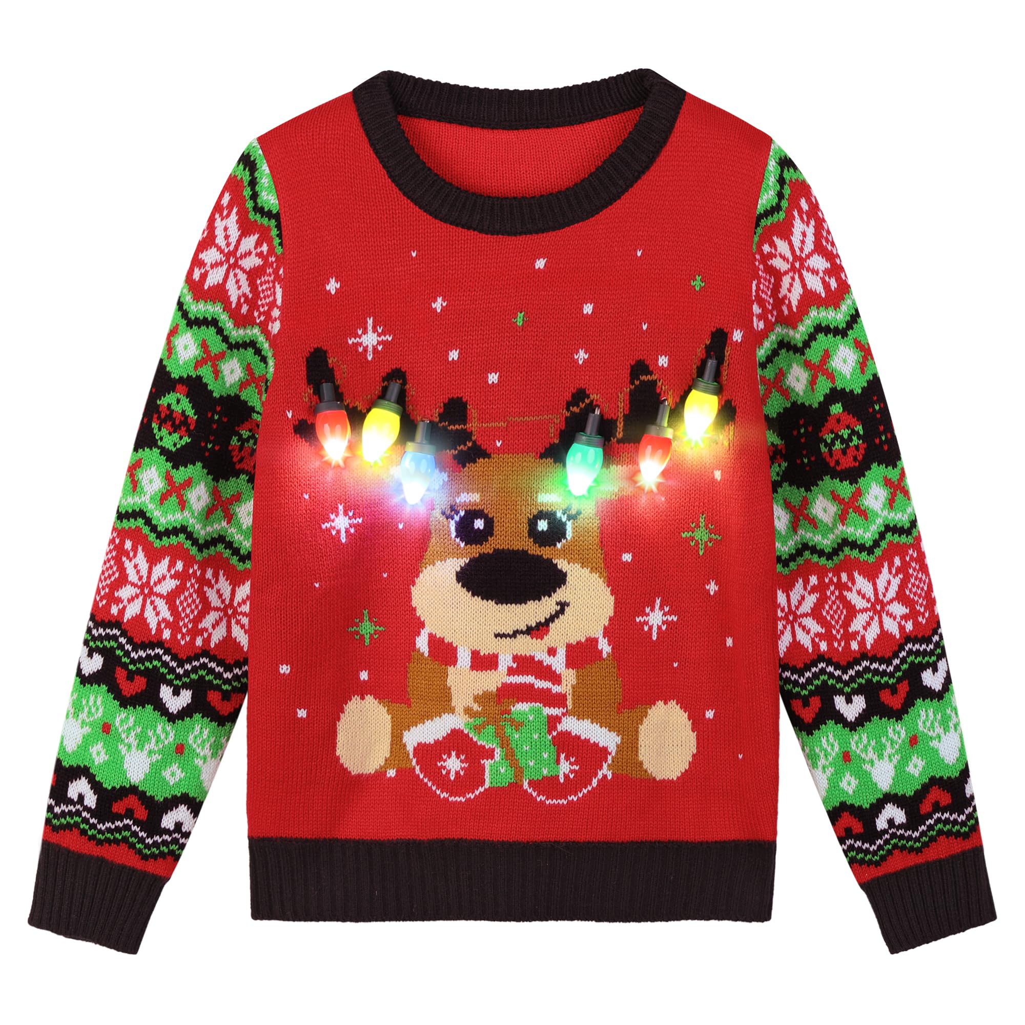 Photo 1 of ***NONFUNCTIONAL LIGHTS*** AOTHSO Boys Girls LED Light Up Ugly Christmas Sweater Knit Pullover Sweatshirt with Xmas Tree Santa Reindeer Alpaca for Kids Red