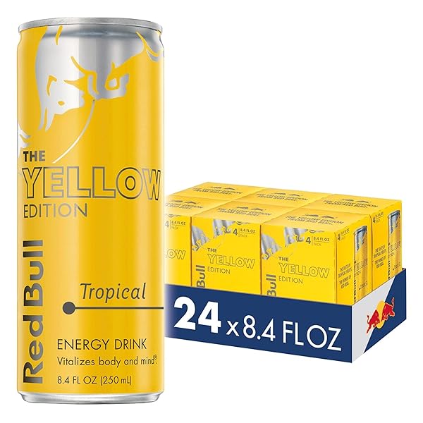 RED BULL YELLOW EDITION ENERGY DRINK, TROPICAL, WITH 80MG CAFFEINE PLUS TAURINE & B VITAMINS, 8.4 FL OZ, 6 PACKS OF 4 CANS (PACK OF 24)