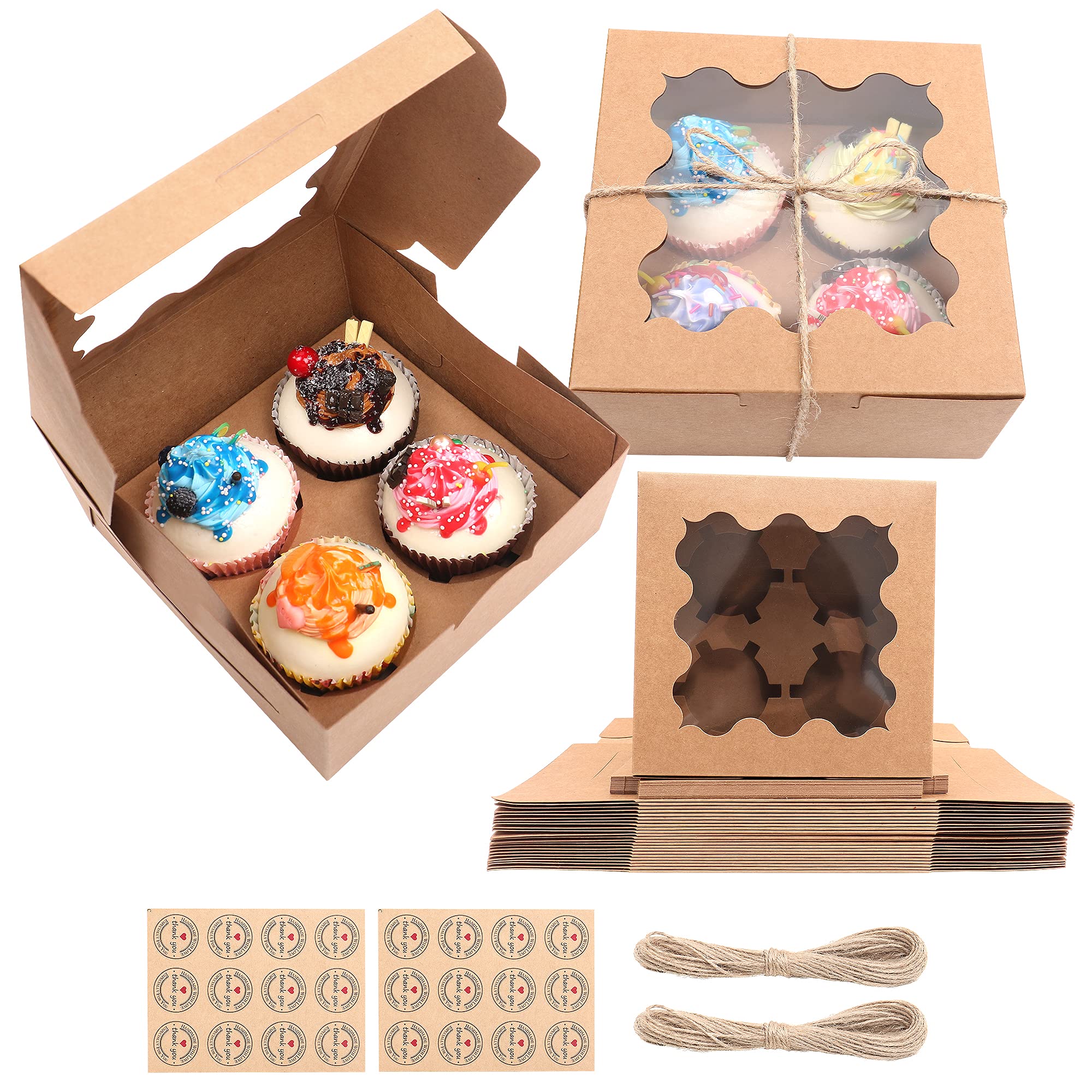 MAMUNU 12PCS 4 Cavity Cupcake Boxes with Clear Windows and Inserts, Brown Kraft Bakery Cookie Carrier Boxes Containers Holders - Stickers and Twine String Included, 15.7x15.7x7.5cm
